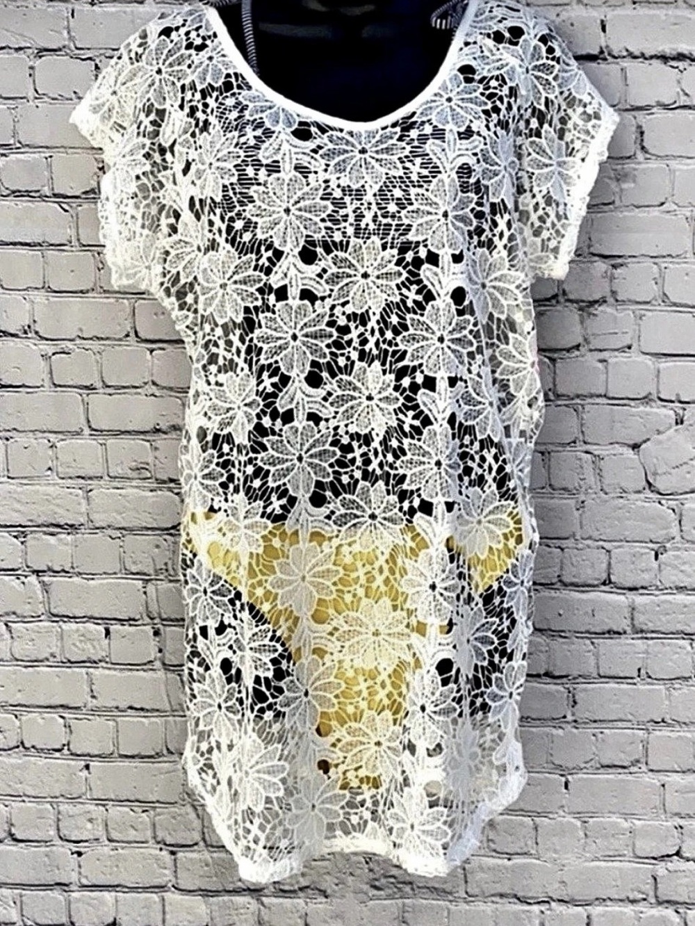 Xhilaration White Floral Lace Swim Cover Up Size L Pink Tassel Beach Tunic